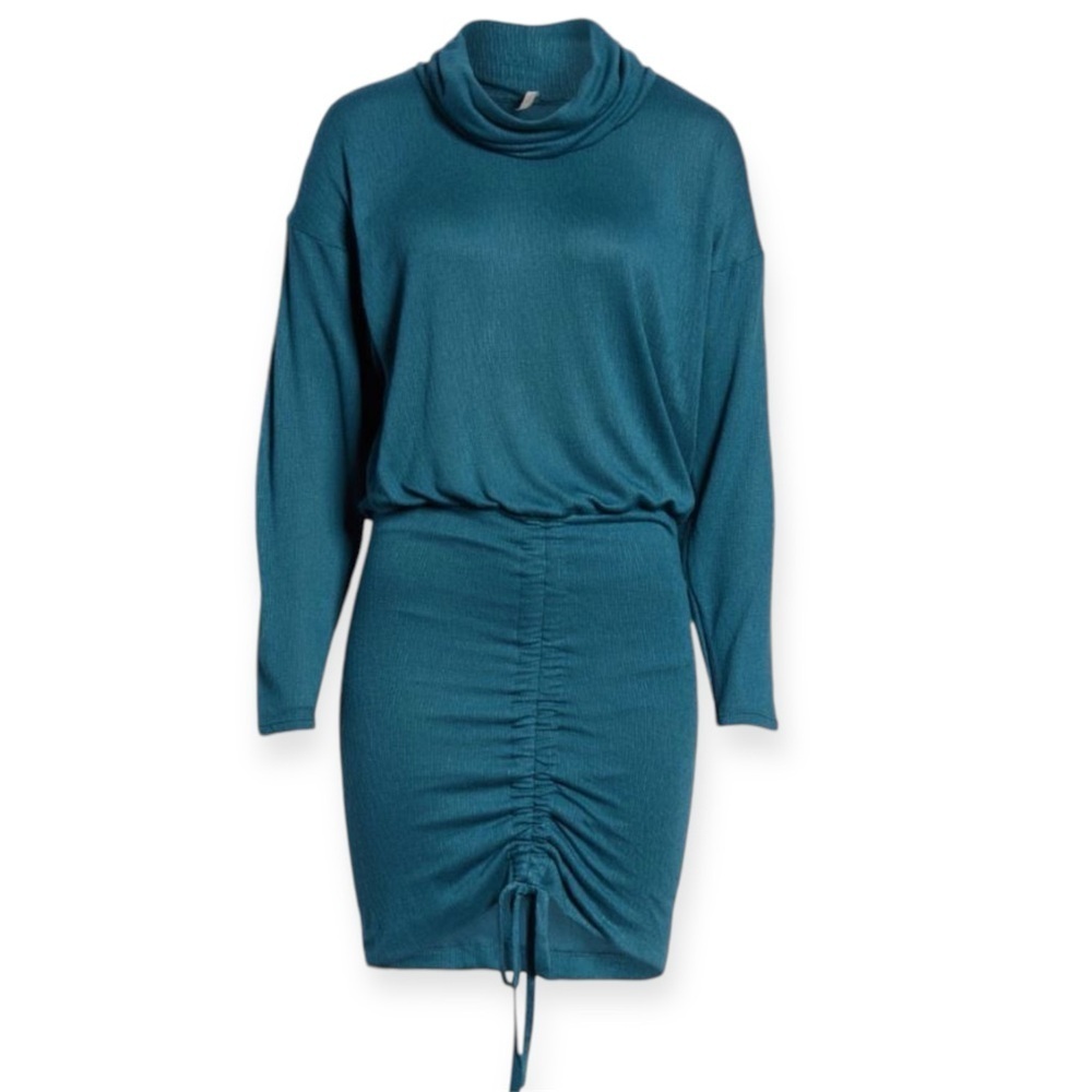 FREE PEOPLE Womens Sundown Cowl Neck Ruched Long Sleeve Mini Dress Teal size M